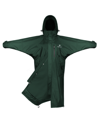 EQUIDRY women's thin fleece stowaway hood long waterproof horse riding coat in black forest green/green