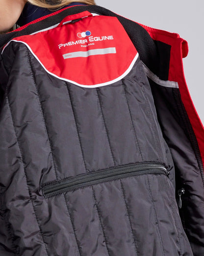 Premier Equine Pro Rider Waterproof Riding Jacket (Red) - Interior view with quilted lining and zipper.