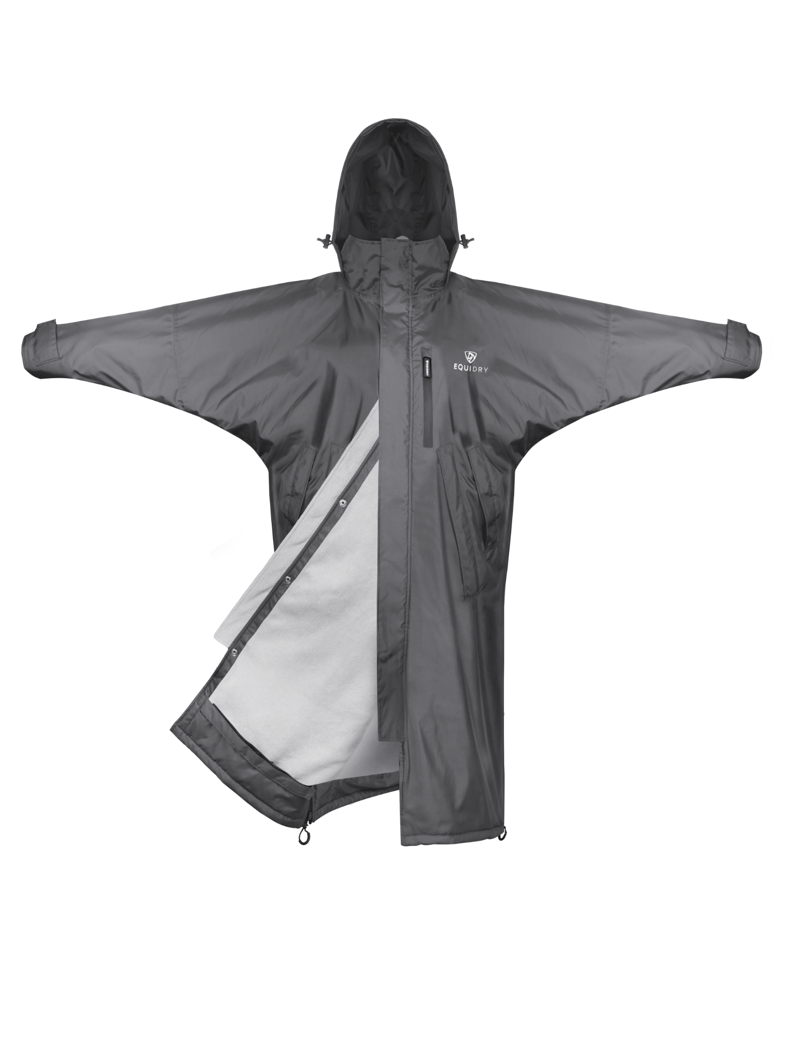 EQUIDRY women's thin fleece stowaway hood long waterproof horse riding coat in charcoal/grey