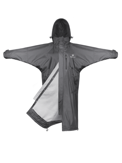 EQUIDRY women's thin fleece stowaway hood long waterproof horse riding coat in charcoal/grey