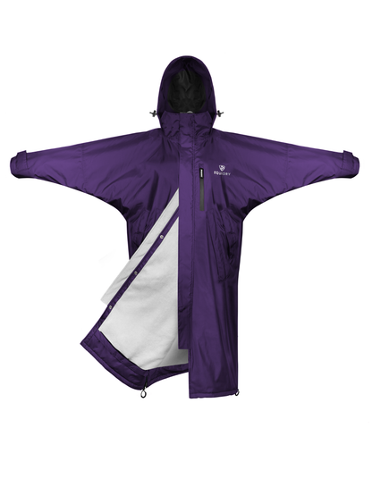 EQUIDRY women's thin fleece stowaway hood long waterproof horse riding coat in purple