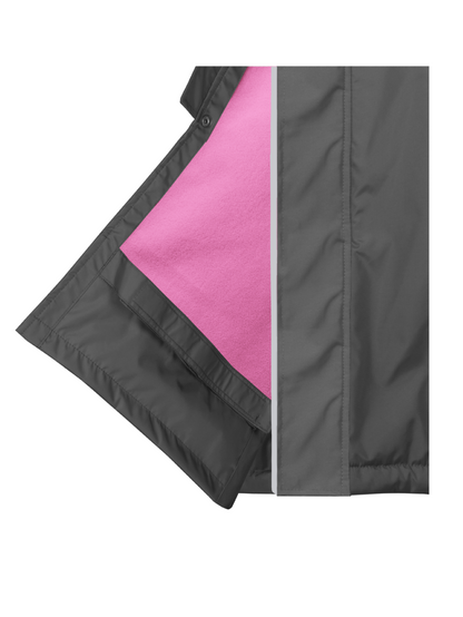EQUIDRY waterproof horse riding raincoat thin fleece pro ride reflective charcoal/pale pink leg straps