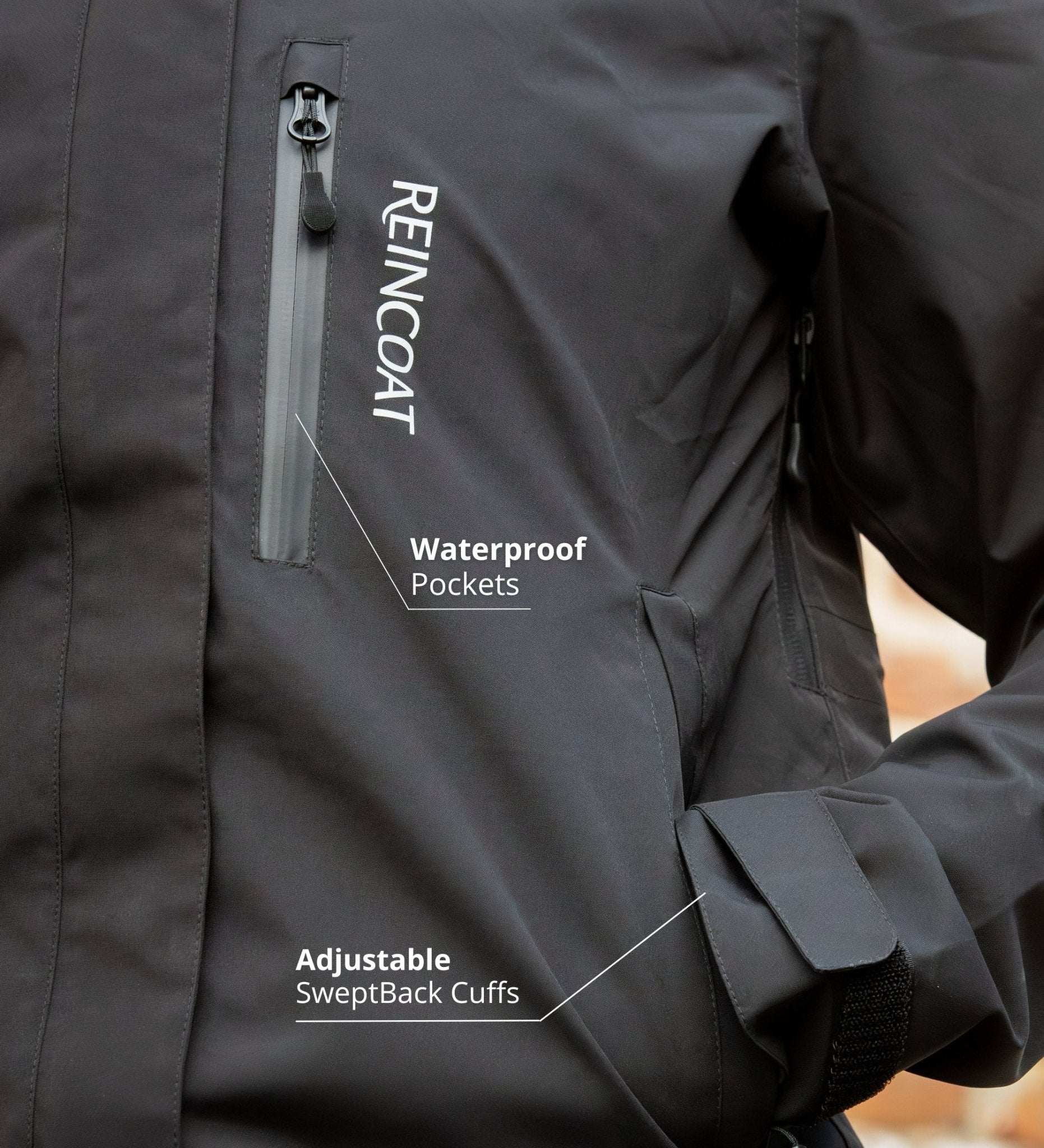 Reincoat Air Black Waterproof Jacket Adult Features: Pockets, Cuffs