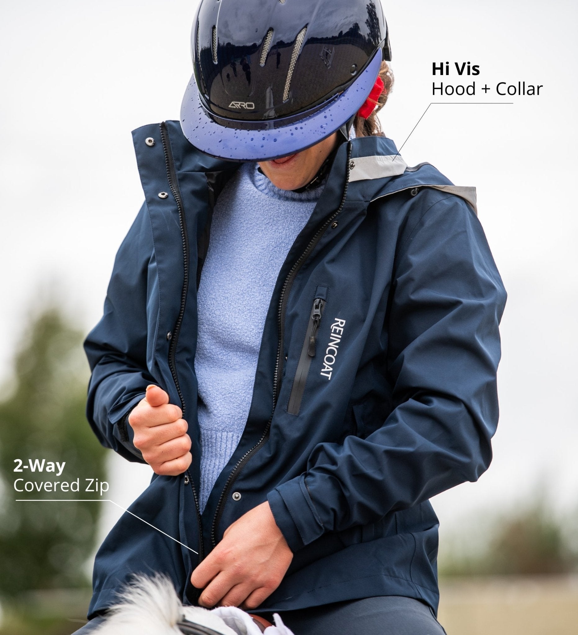 Reincoat Air Midnight Navy waterproof riding jacket for women, breathable lightweight horse riding raincoat.