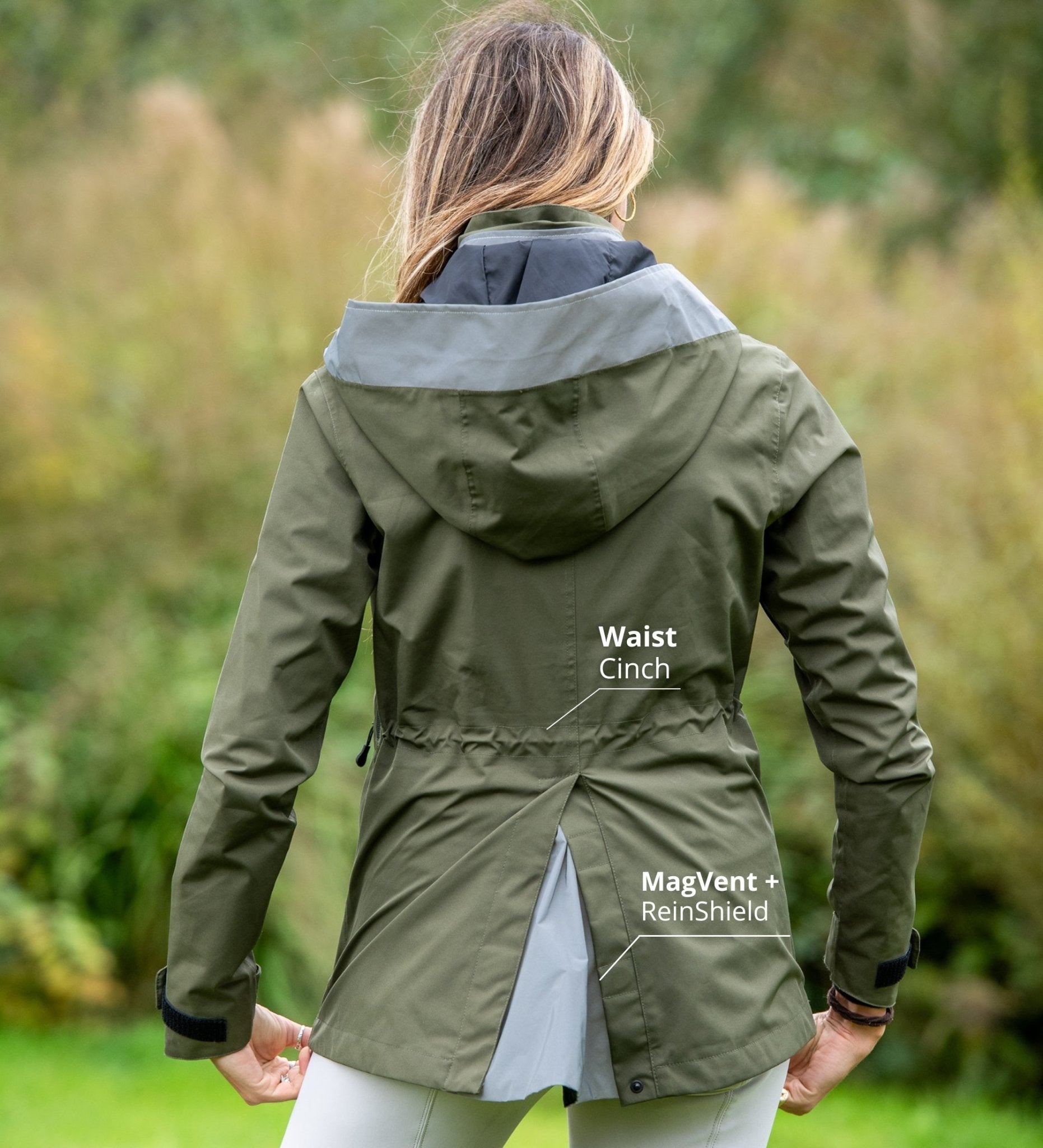 Reincoat Air Waterproof Riding Jacket - Olive Green - Adult - Equiflair - Waist Cinch, MagVent