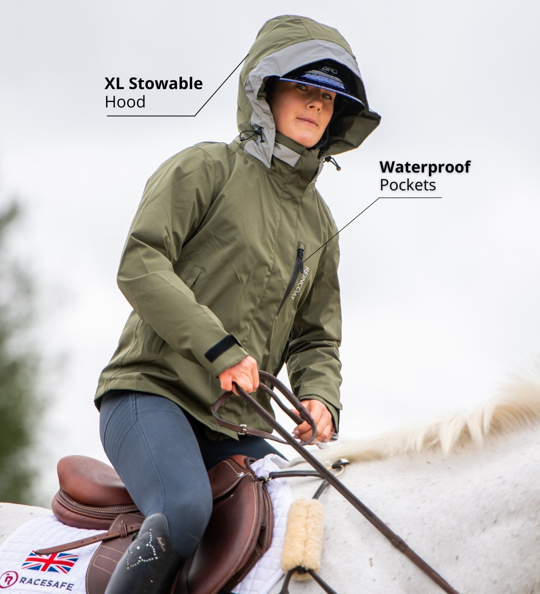 Reincoat Air Adult Olive: Waterproof Riding Jacket, Equestrian Gear, Woman on Horse