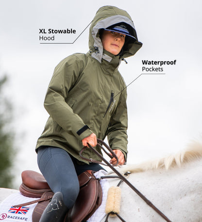 Reincoat Air Adult Olive: Waterproof Riding Jacket, Equestrian Gear, Woman on Horse