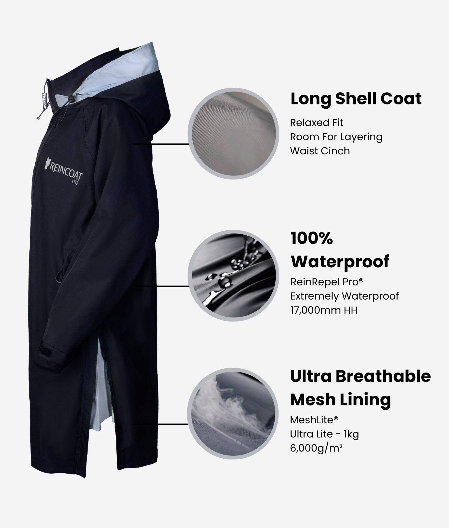 Reincoat Lite Long Shell Coat: Black Waterproof Technical Rain Jacket with Room for Layering & Breathable Mesh Lining for Outdoor Apparel.
