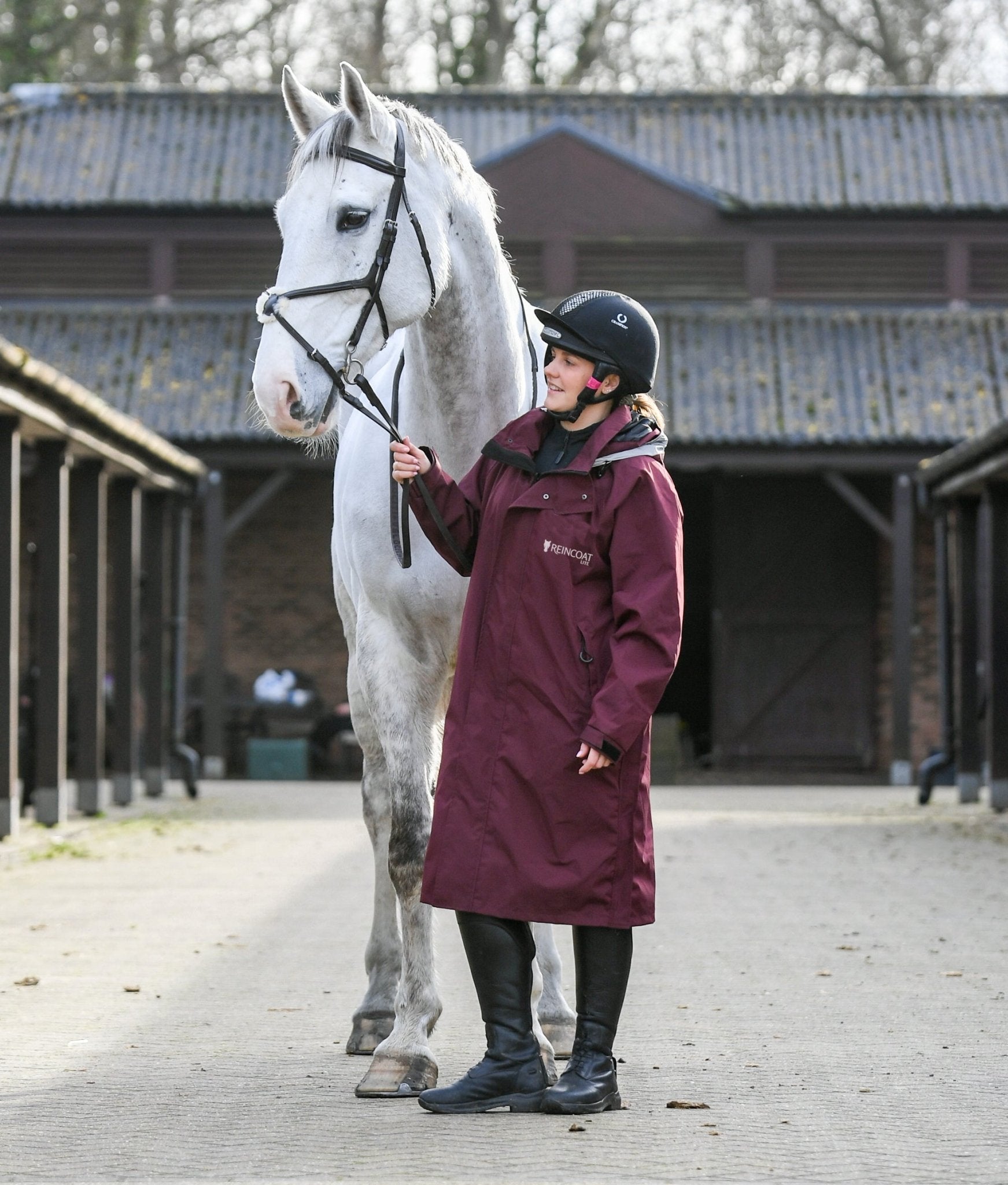 REINCOAT LITE Burgundy Horse Riding Raincoat: Woman with Horse, Equestrian Style, Waterproof Coat