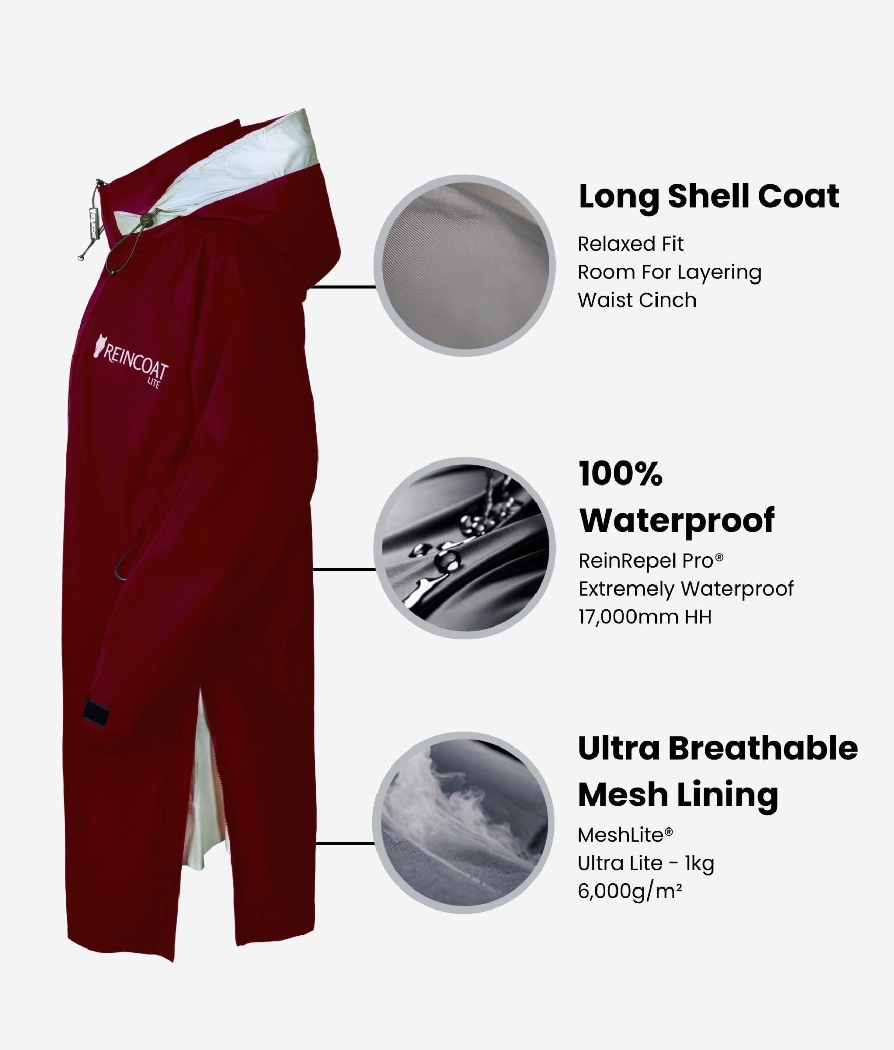 Reincoat Lite Adult Burgundy Long Shell Coat: 100% Waterproof, Breathable Mesh Lining, Equiflair Equestrian Rainwear