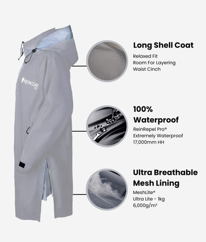Reincoat Lite Grey Waterproof Jacket: Breathable Mesh Lining & Reflective Safety Features. Equestrian Apparel by Equiflair