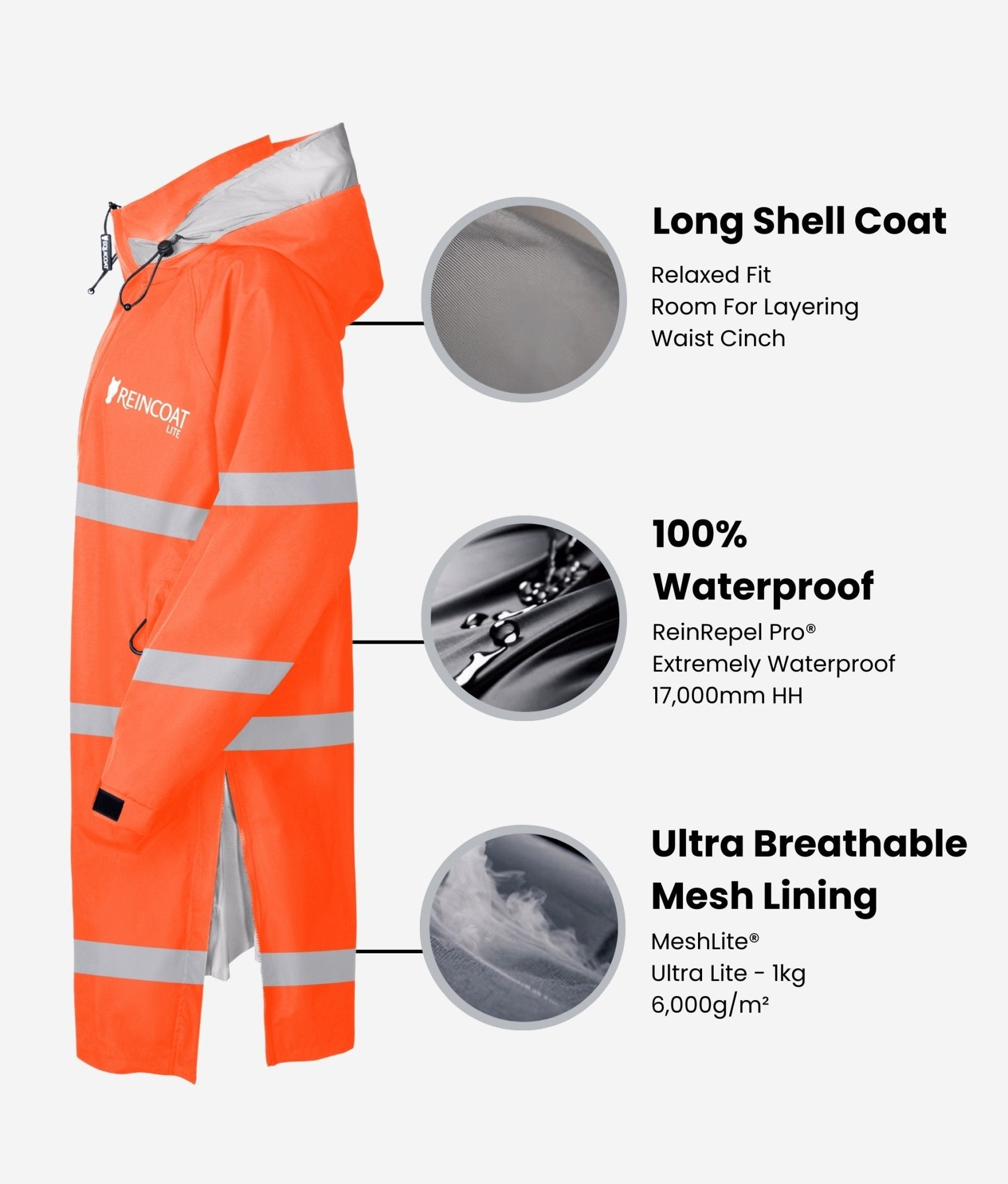 Reincoat Lite Adult - Hi-Vis Orange Waterproof Breathable Workwear Coat | Reflective Rain Jacket