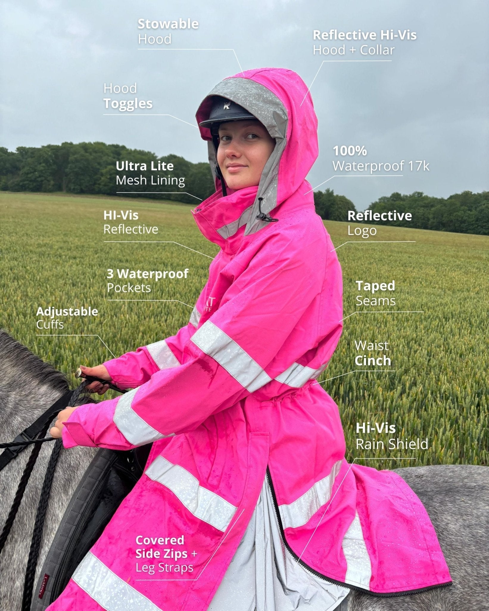 Hi-Vis Pink Horse Riding Reincoat: Waterproof, Reflective Adult Rain Gear for Equestrian Safety