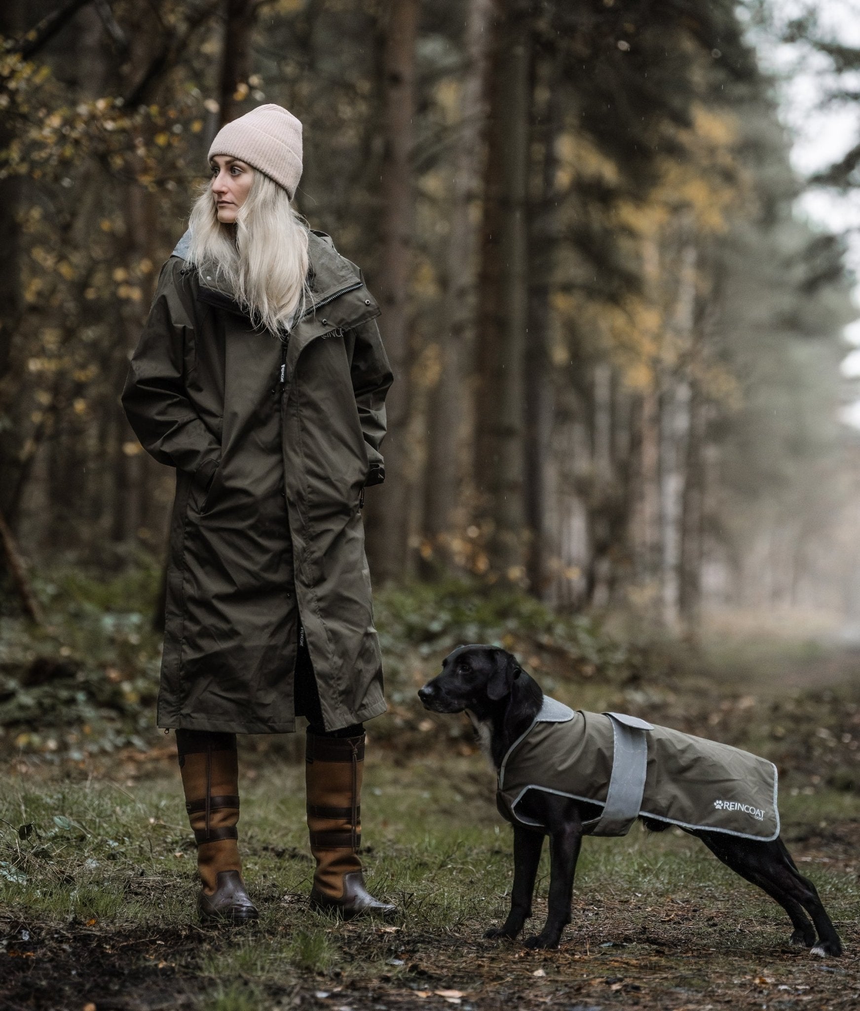 REINCOAT LITE ADULT - Olive Green Waterproof Coat for Adults | Woman and Dog in matching Raincoats | Equiflair