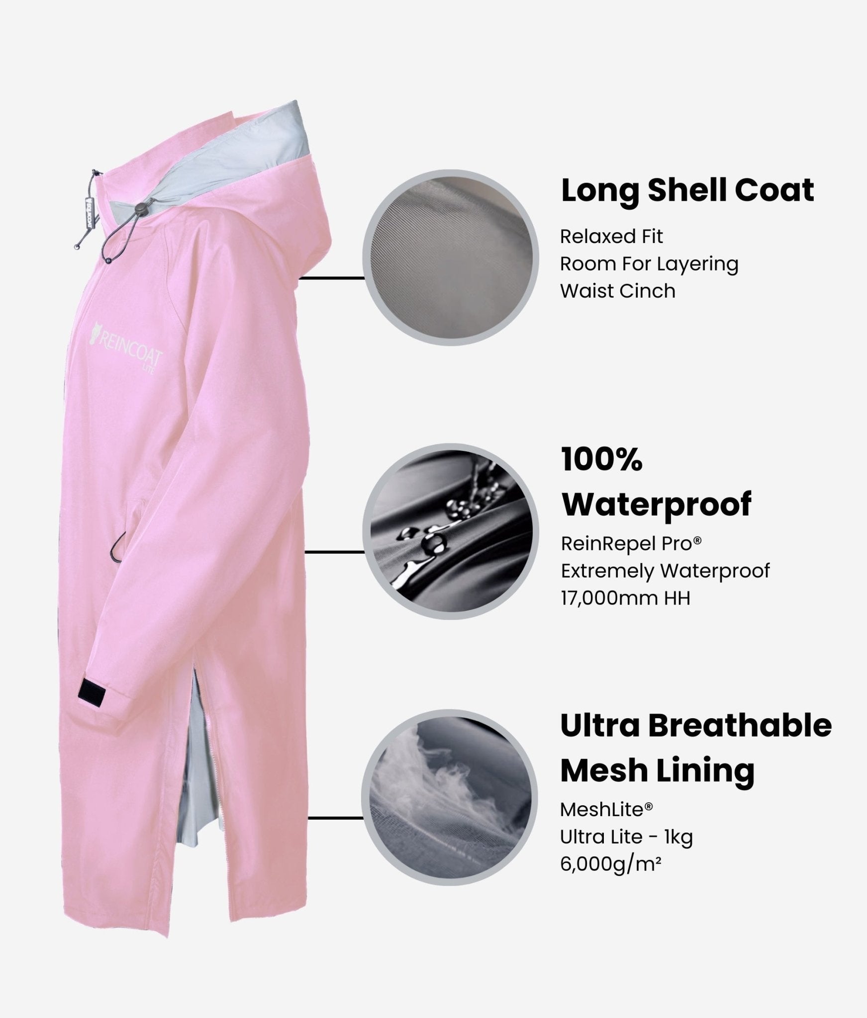 REINCOAT Lite Adult Pink Long Shell Raincoat: Waterproof, Breathable Equestrian Jacket