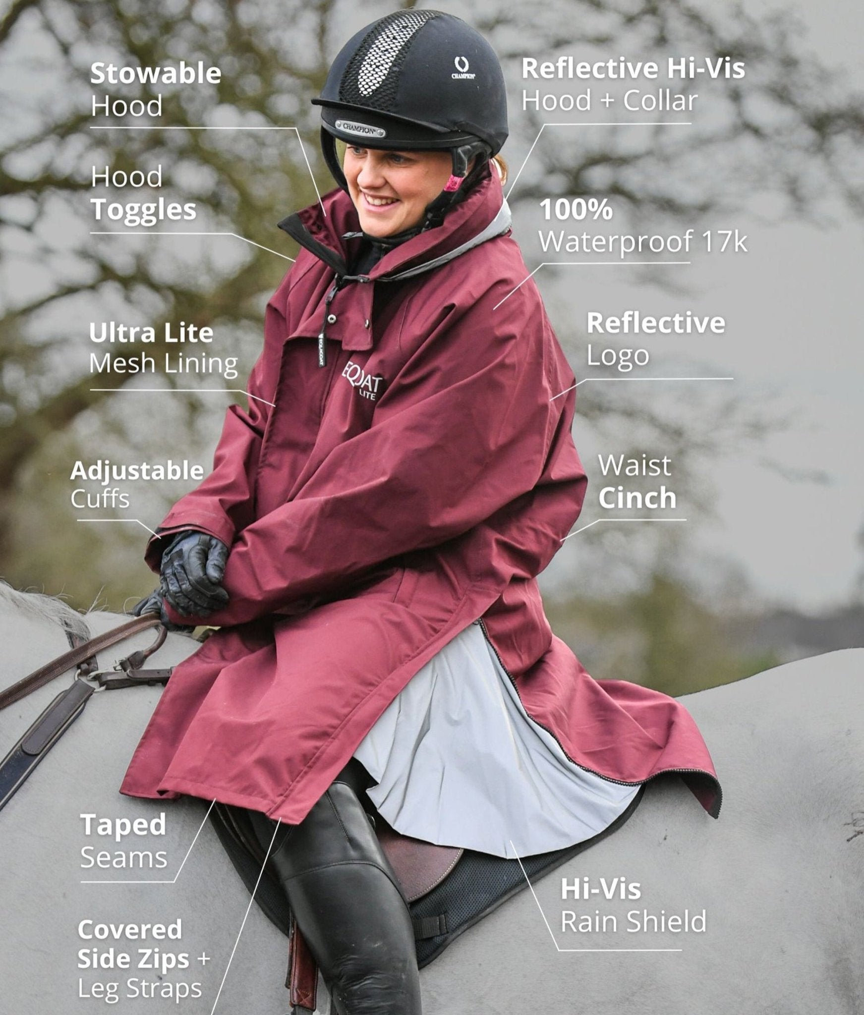 Equicoat Burgundy Riding Raincoat: Waterproof, Reflective, Hi-Vis Equestrian Coat for Women on Horseback
