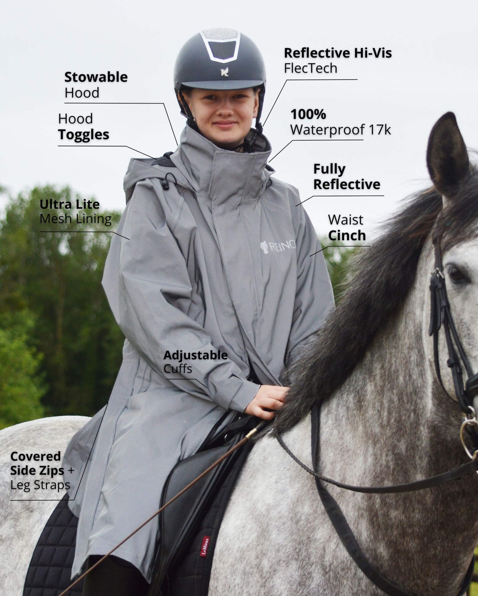 Kids Riding Raincoat - Reflective & Waterproof. REINCOAT LITE for Equestrian Safety. Adjustable, Stowable Hood
