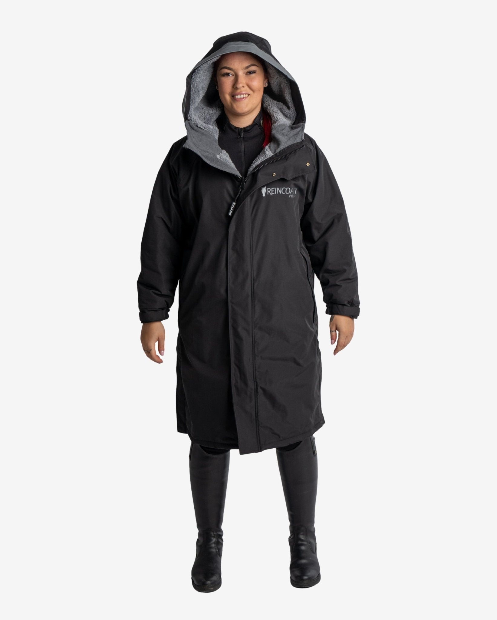 Equiflair Reincoat Pro Adult Black waterproof changing robe. Long coat with hood & fleece lining, equestrian riding coat for women