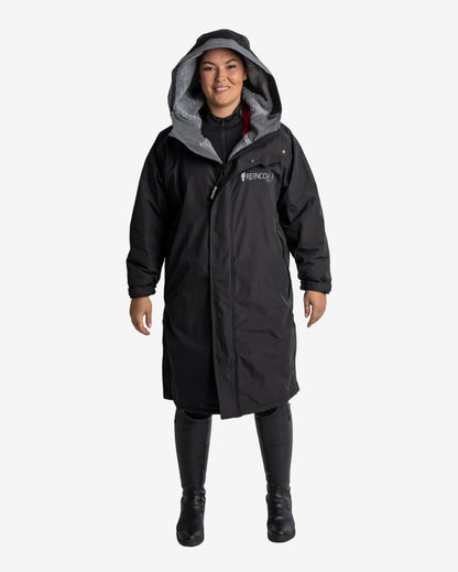 Equiflair Reincoat Pro Adult Black waterproof changing robe. Long coat with hood & fleece lining, equestrian riding coat for women