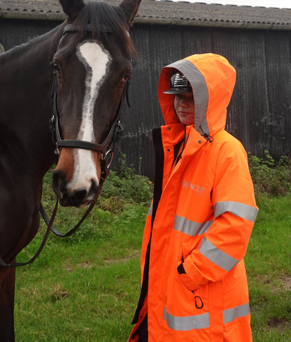 Horse Riding Gear: Hi-Vis Orange Waterproof Jacket by Equiflair with Horse, Reincoat Pro Adult.