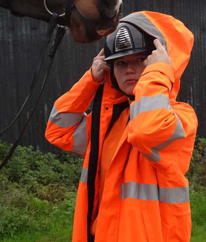 Equiflair Reincoat Pro Adult - Hi-Vis Orange Riding Coat: Horse Rider in Safety Gear with Horse