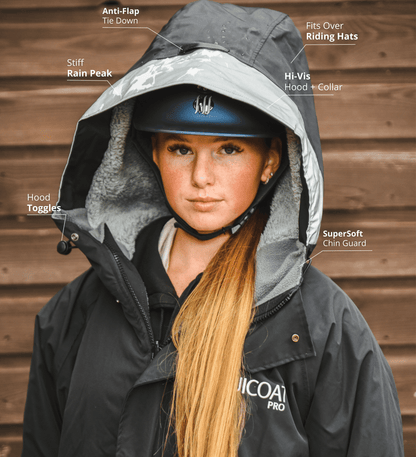 Equestrian Riding Raincoat: Features Hood, Rain Peak, Hi-Vis Reflective, SuperSoft Chin Guard & Toggles. Best Horse Riding Rain Gear!