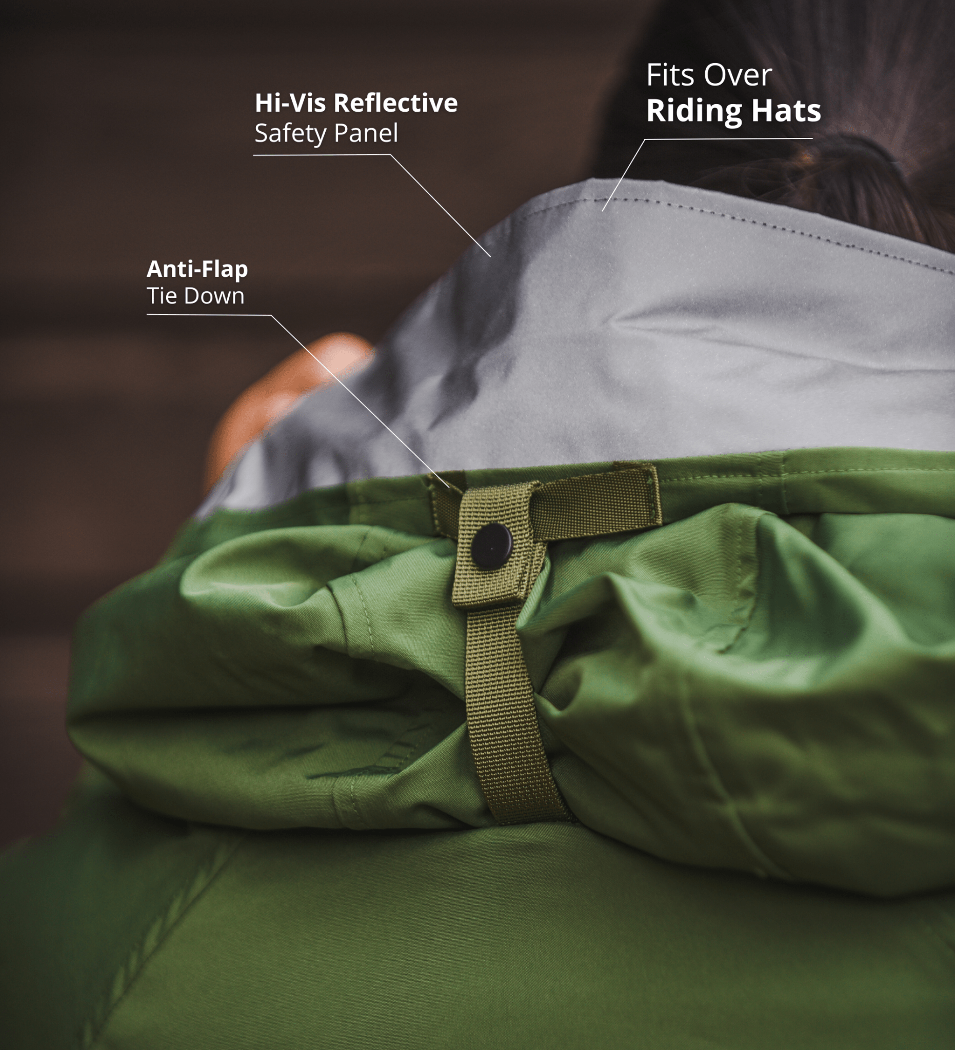 Riding Raincoat Hood: Reflective Safety, Riding Hat Compatible, Anti-Flap Tie Down