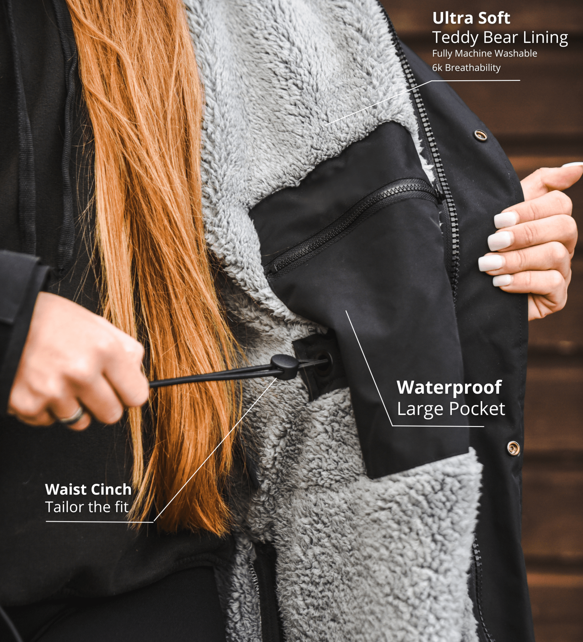 Reincoat Pro Adult Features: Teddy Bear Lining, Waterproof Pocket, Adjustable Fit Waist Cinch