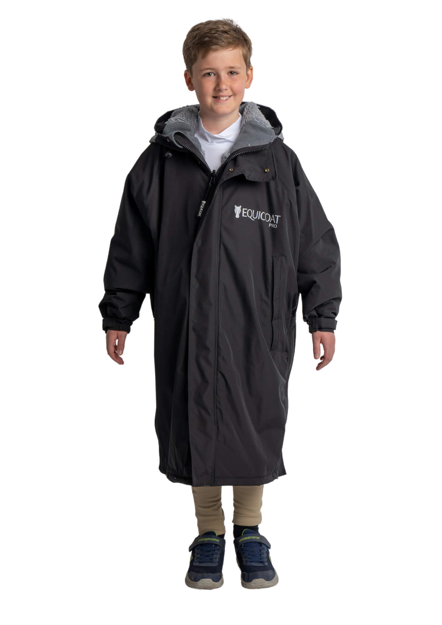 Kids Equestrian Waterproof Coat - Reincoat Pro in Black. Hooded Riding Coat for Children. Warm Fleece Lined Winter Outerwear