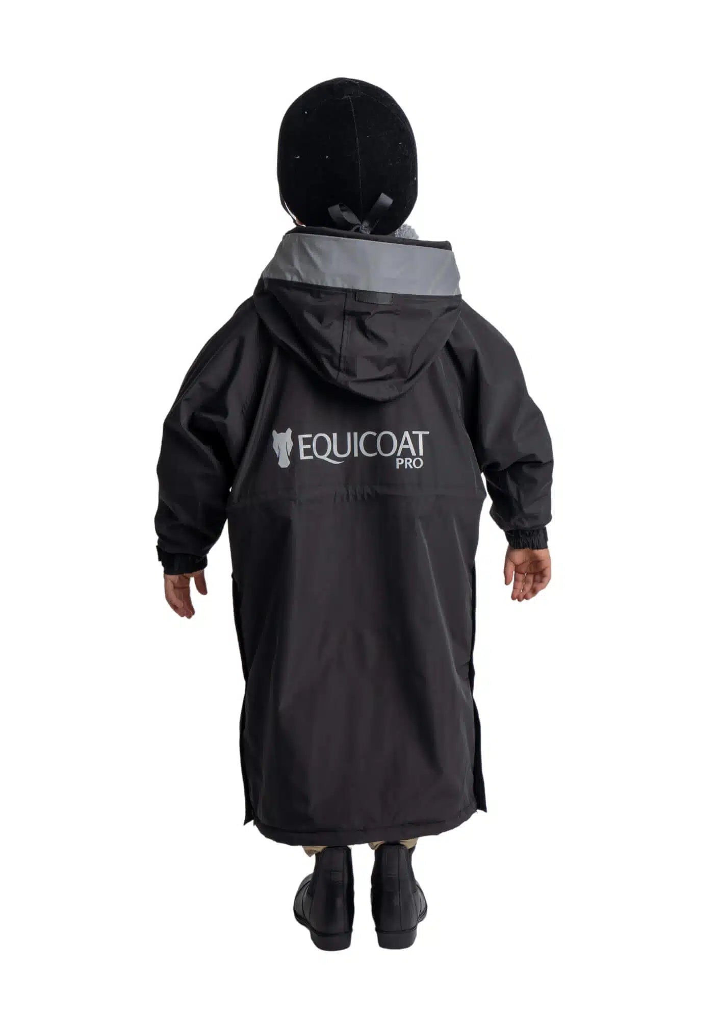 Equicoat Pro Kids Black Raincoat - Rear View. Equestrian Riding Coat. Waterproof, Warm.
