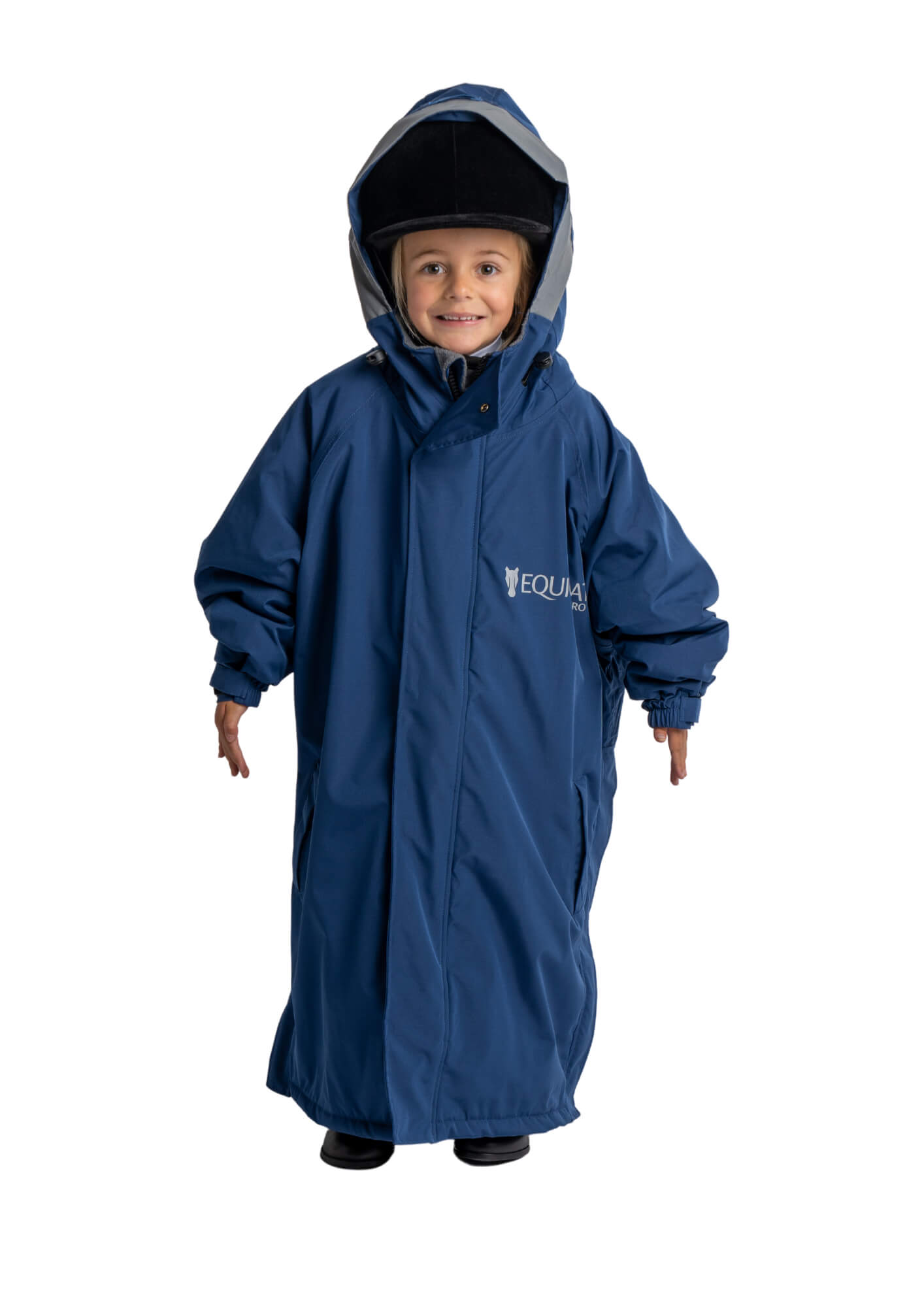 Kids Navy Waterproof Raincoat - Reincoat Pro by Equiflair. Child in equestrian gear, hooded, hi-vis, warm & reflective.