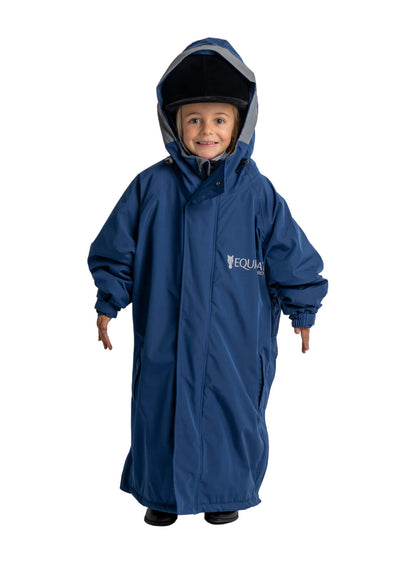 Kids Navy Waterproof Raincoat - Reincoat Pro by Equiflair. Child in equestrian gear, hooded, hi-vis, warm & reflective.