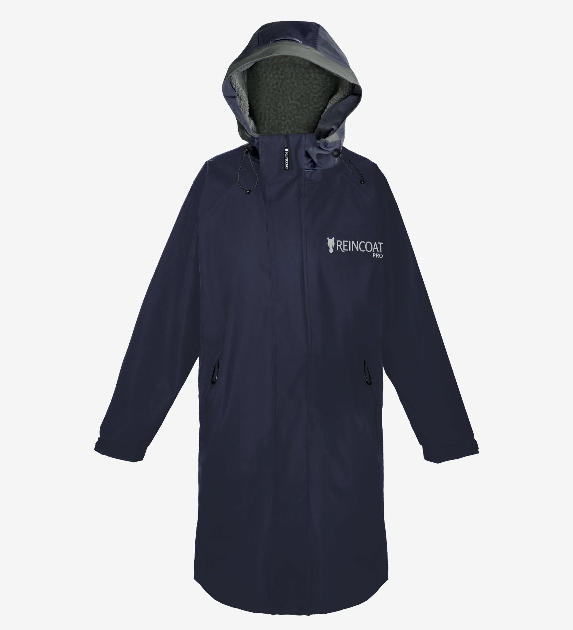 REINCOAT PRO Kids Midnight Navy Waterproof Fleece Lined Coat. Hooded, long sleeves, logo on chest, dark navy color. Warm and dry outerwear.