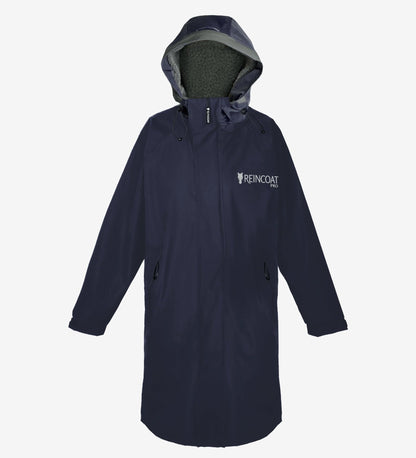 REINCOAT PRO Kids Midnight Navy Waterproof Fleece Lined Coat. Hooded, long sleeves, logo on chest, dark navy color. Warm and dry outerwear.