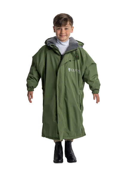 Equiflair Reincoat Pro Kids Olive: Waterproof, Warm Fleece Lined Riding Coat for Children. EquiOat Pro logo on the coat.