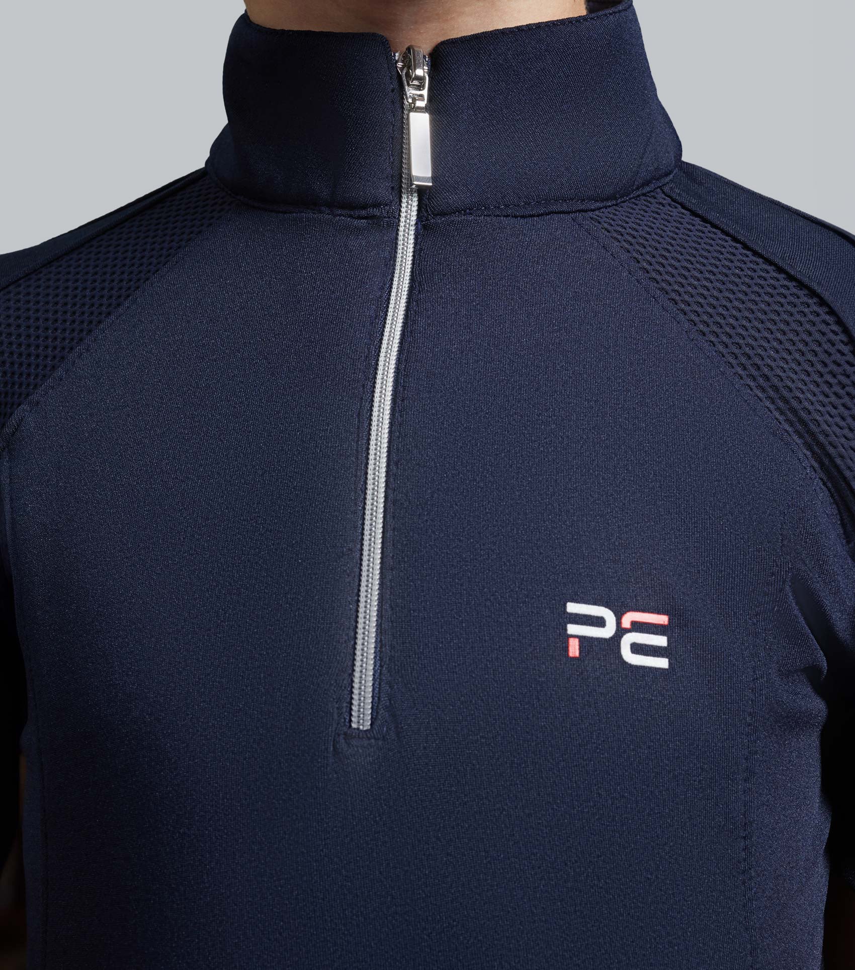 Girl's Premier Equine Navy Riding Top: Technical Equestrian Shirt with Mesh Panels & Quarter Zip
