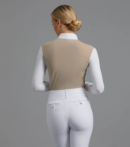 Equestrian show shirt: beige competition top, white breeches. Breathable, moisture-wicking riding apparel.