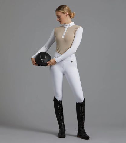 Equestrian show style: Premier Equine Rossini beige show shirt for ladies. Competition riding attire.