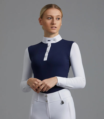 Premier Equine Rossini Navy Lycra Show Shirt - Ladies Equestrian Competition Shirt Breathable Stretch Moisture Wicking