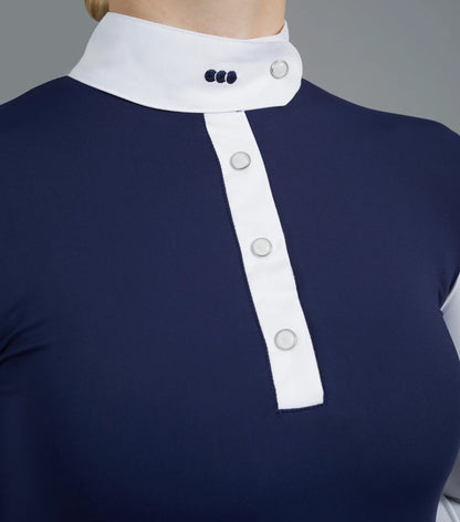 PREMIER EQUINE: Navy and White Equestrian Show Shirt - Close-up of stylish competition wear with white collar and button detailing.