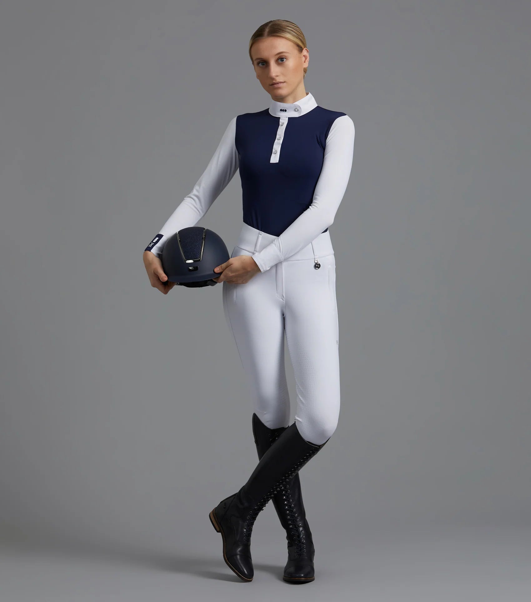 Equestrian Show Shirt: PREMIER EQUINE Rossini Lycra, Navy - Ladies Competition Attire for Horse Riding, Comfortable and Stylish