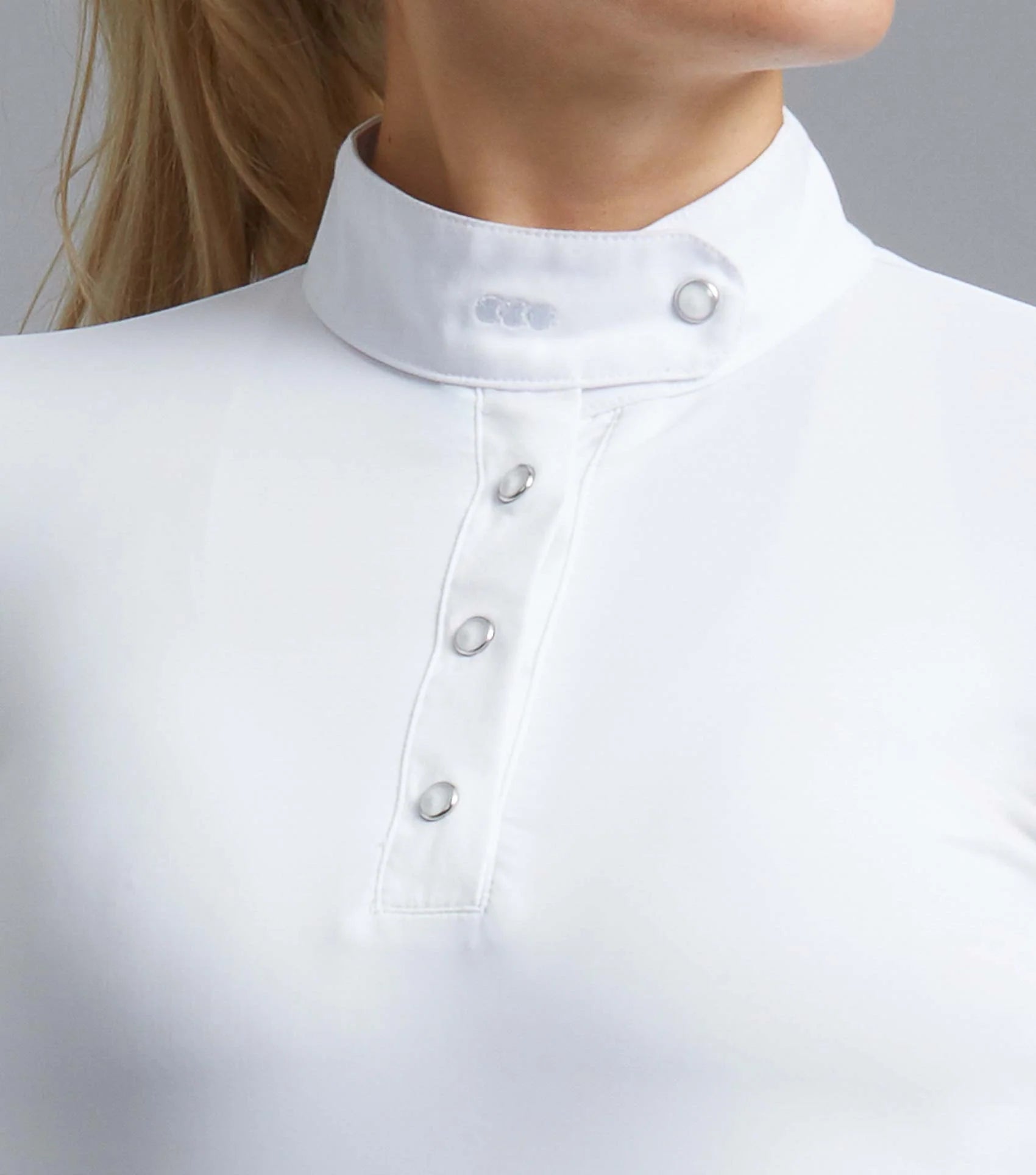 PREMIER EQUINE Rossini White Show Shirt: Ladies Equestrian Competition Shirt with Stand Collar and Button Details