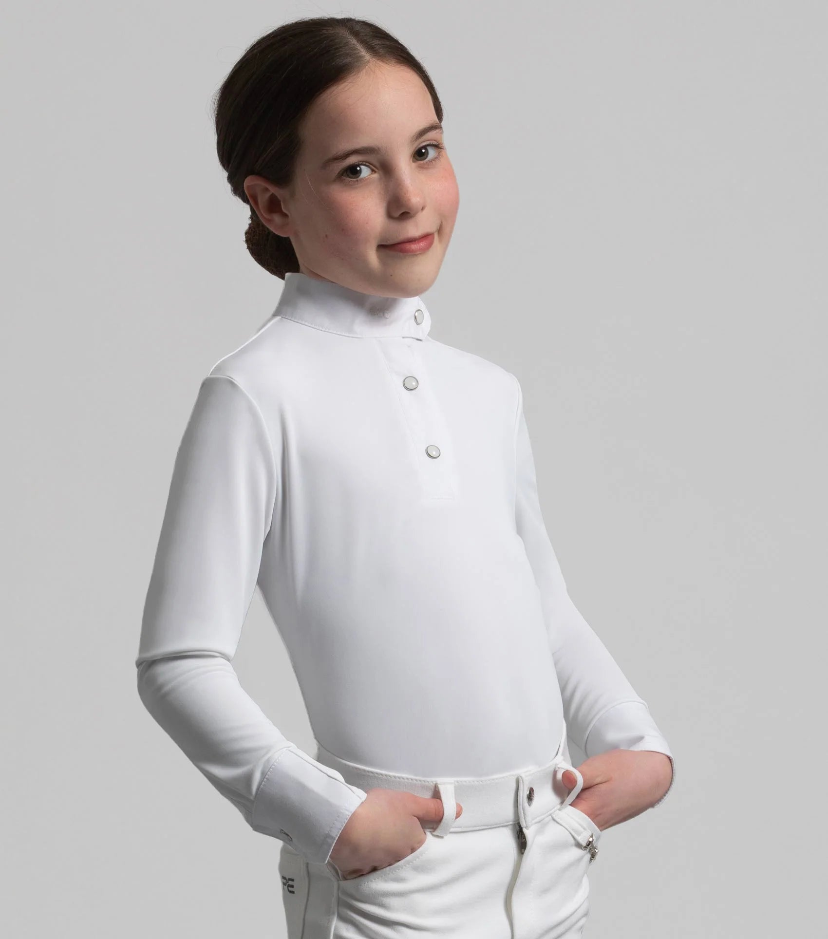Girls PREMIER EQUINE White Lycra Equestrian Show Shirt | Competition Riding Apparel