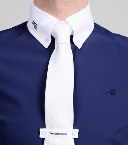 Premier Equine Rubato Men's Navy Show Shirt. Short Sleeve Competition Shirt with pique jersey and button-down collar.