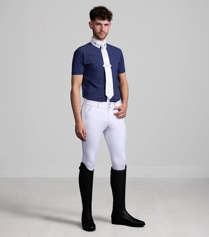 Premier Equine Rubato Men's Show Shirt: Navy Blue Competition Shirt, White Breeches, Riding Boots, Equestrian Apparel