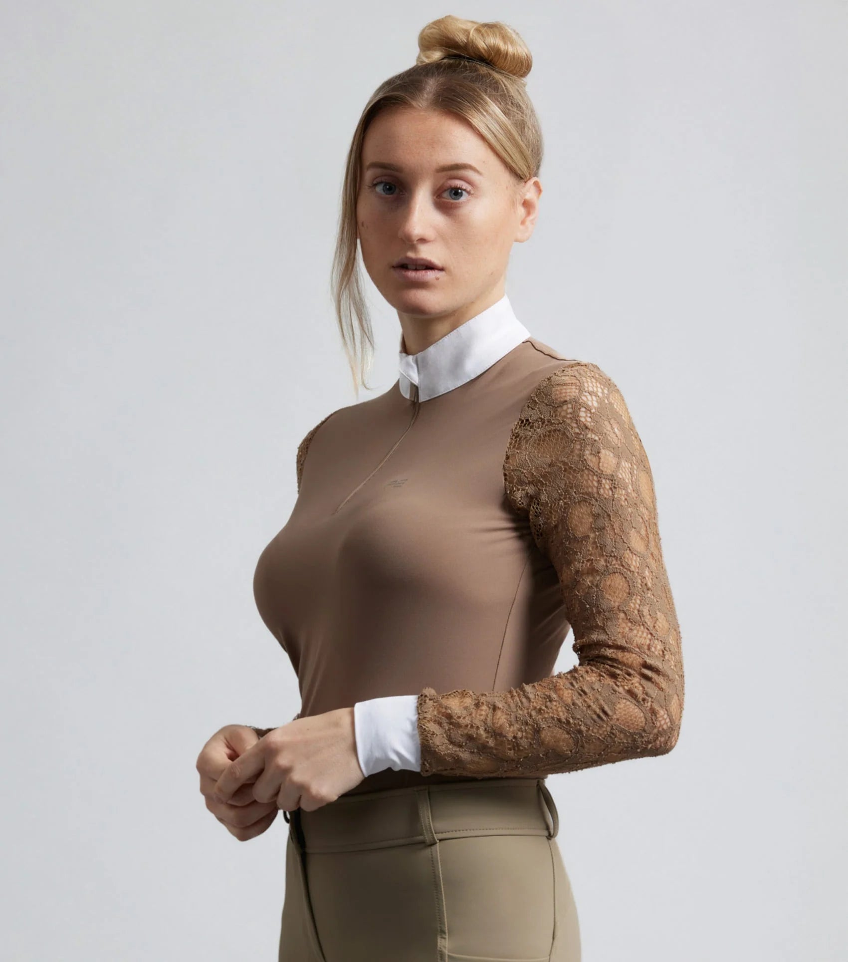 Premier Equine Salento Fossil Riding Top: Women's Equestrian Shirt with Lace Sleeves, Lightweight, UV Protection, Stylish, Four-Way Stretch