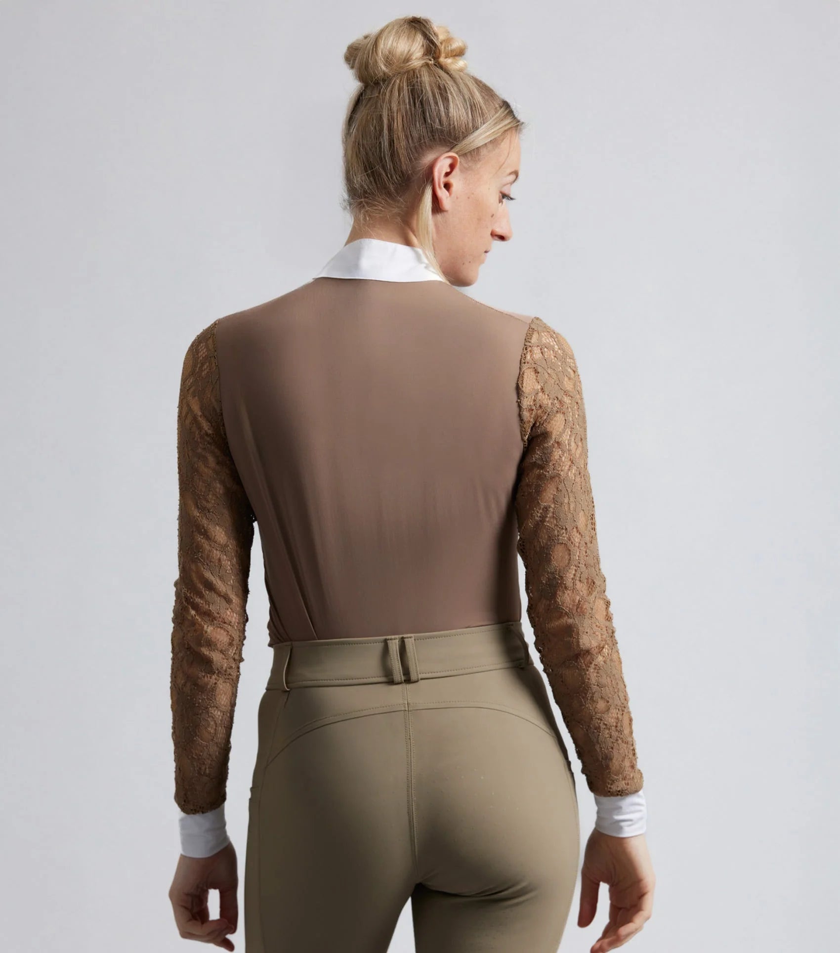 Premier Equine Salento Womens Riding Top - Fossil Long Sleeve Equestrian Shirt with Lace Sleeves, Stylish Performance Apparel