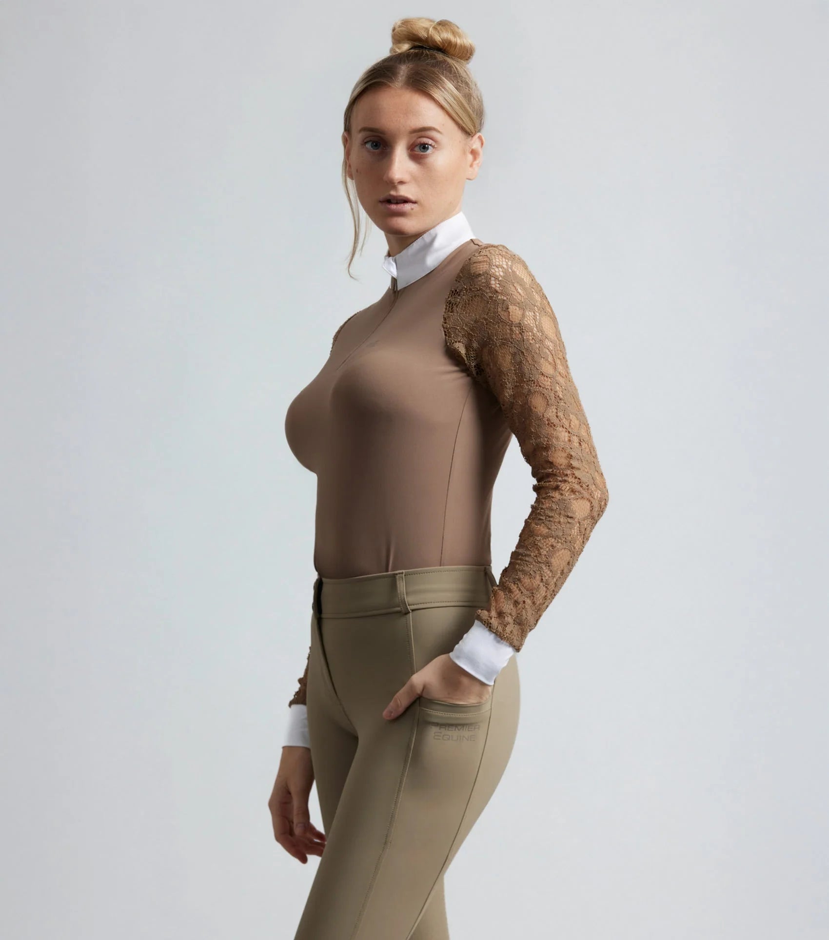 Premier Equine Salento Riding Top: Women's Long Sleeve Equestrian Performance Shirt in Fossil