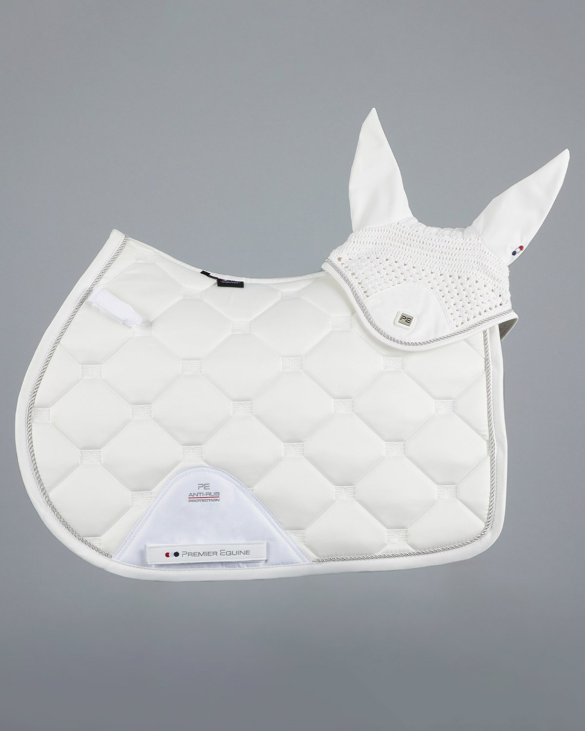 PREMIER EQUINE White Saddle Pad & Fly Veil Set | Saltare GP/Jump Square, Anti-Static, Anti-Bacterial | Equiflair