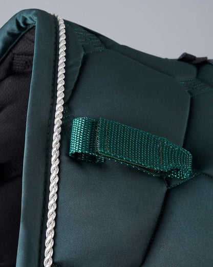Premier Equine Saltare Olive Green Close Contact Jump Saddle Pad with High Wither Design and Silver Rope Detailing